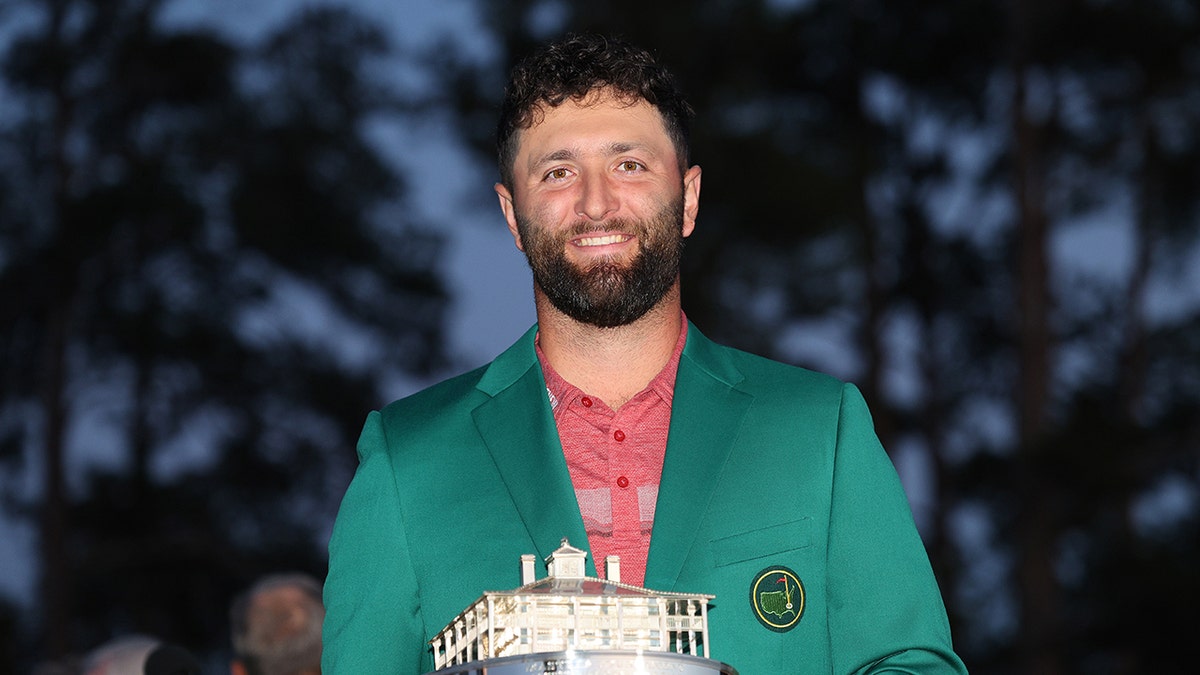 Jon Rahm of Spain poses with the Masters trophy at Augusta National Golf Club on April 9, 2023, in Augusta, Georgia.