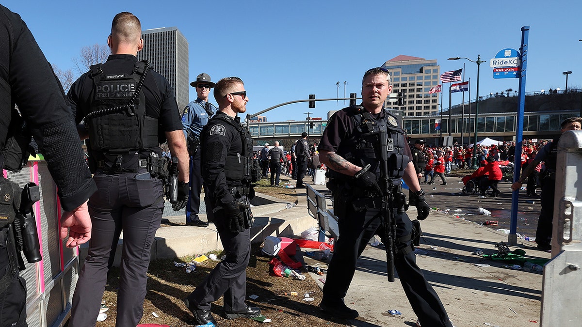 Kansas City Police walks through streets after Super Bowl parade