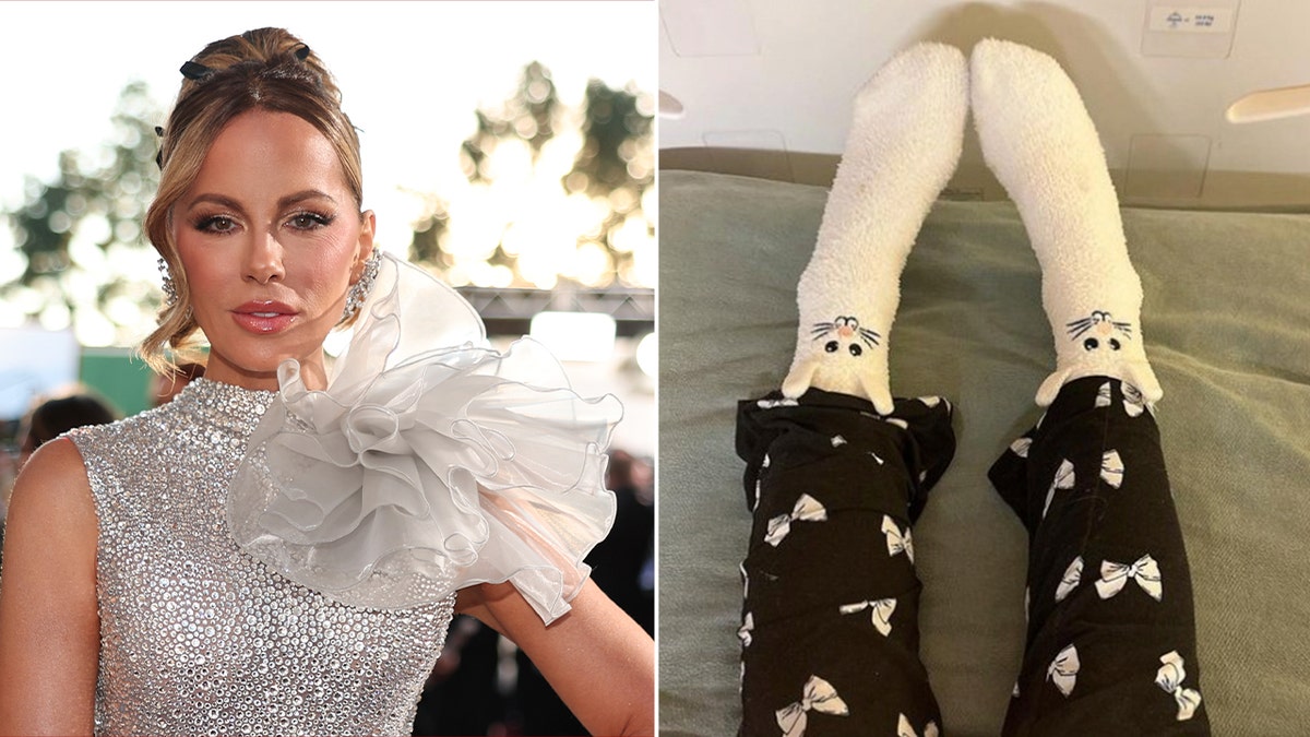 Fotos lado a lado de Kate Beckinsale e suas meias de Páscoa