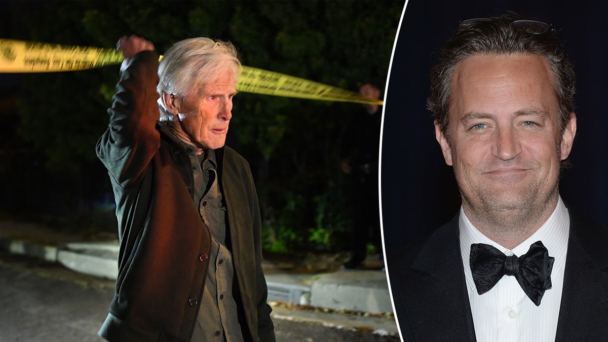 Keith Morrison lifts up yellow crime scene tape as he arrives at Matthew Perrys home split Matthew Perry in a classic tuxedo soft smiles