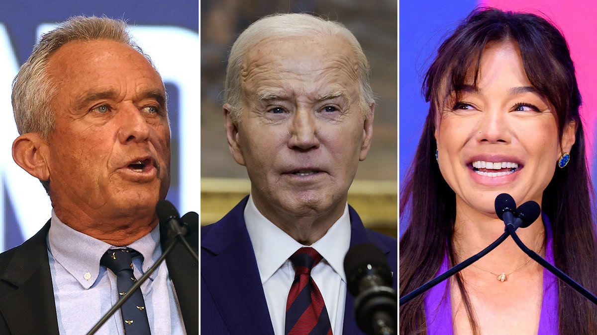 3-way photo split, l-r: RFK Jr., Joe Biden, Nicole Shanahan