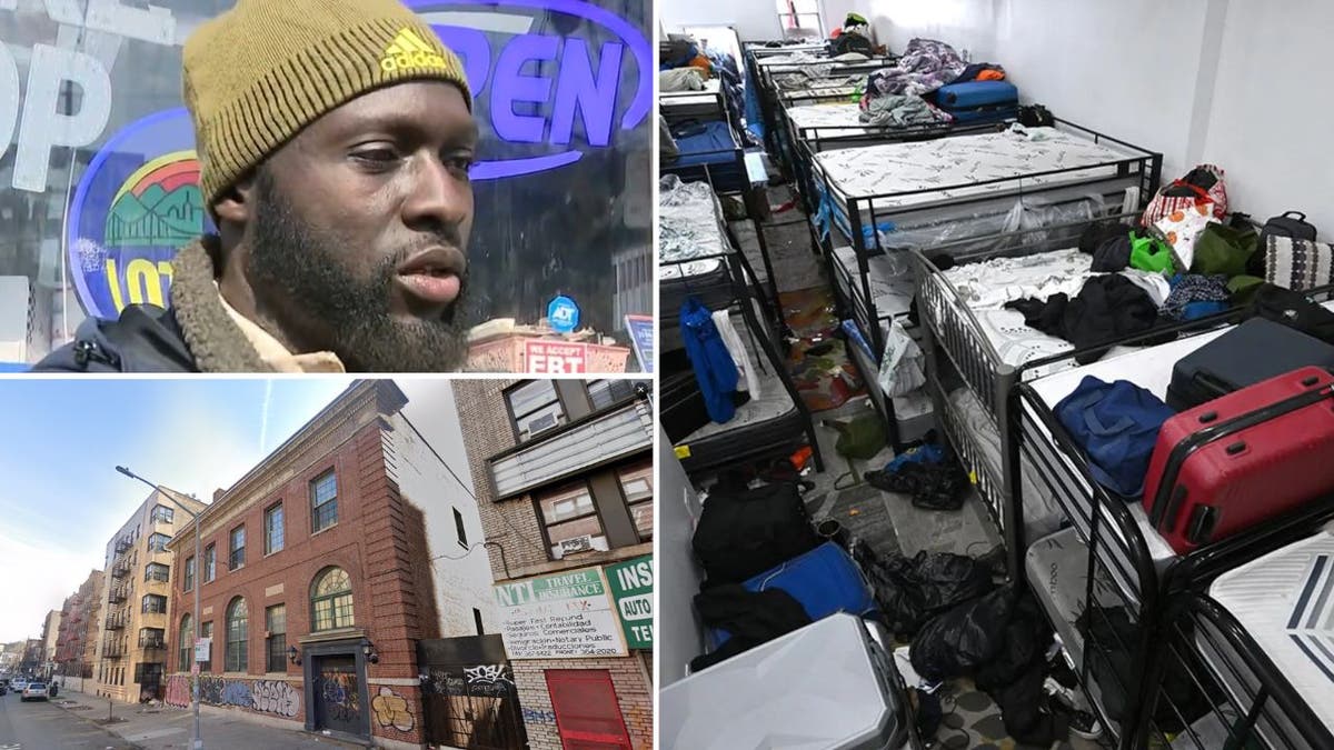 A collage showing the outside of a migrant shelter, the inside of a Queens shelter and Ebou Sarr, who was operating them