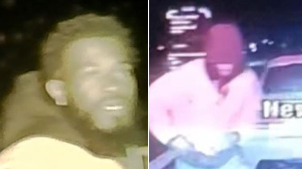Two images of the suspect wanted for shooting dead a police officer in New Mexico