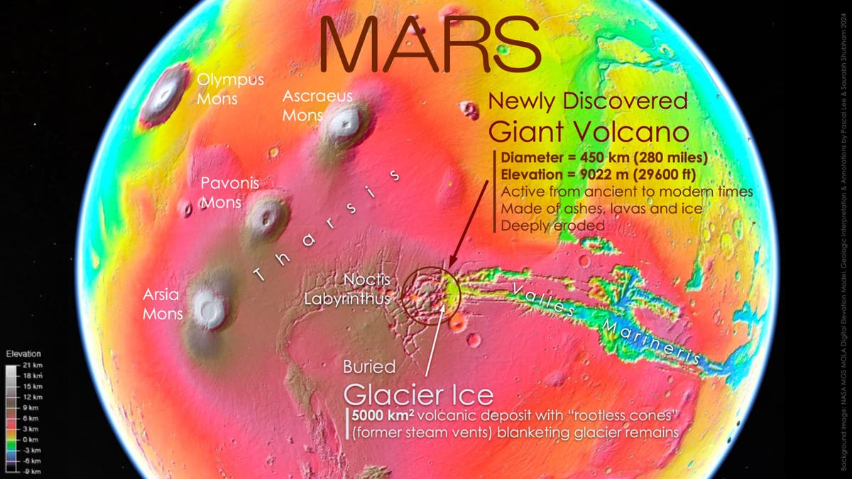 Um mapa de Marte mostrando onde um novo vulcão foi descoberto