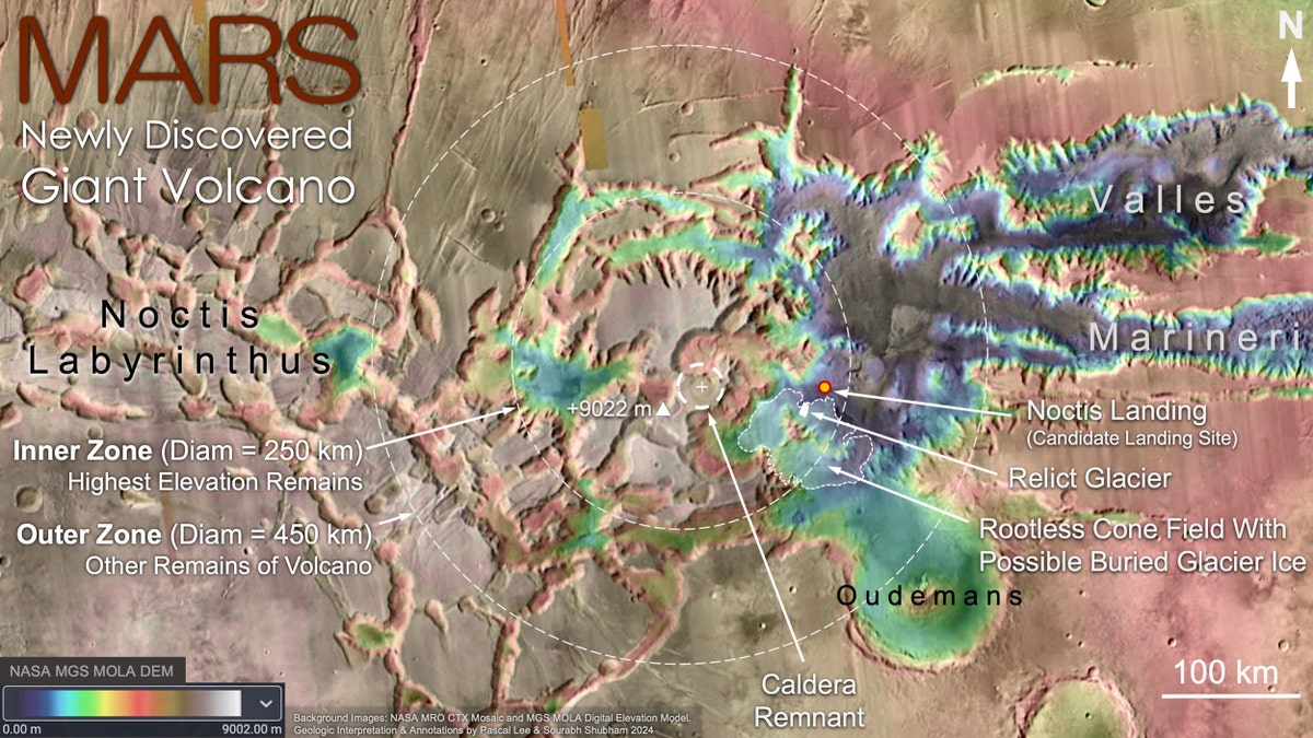 Um mapa topográfico do vulcão Noctis.