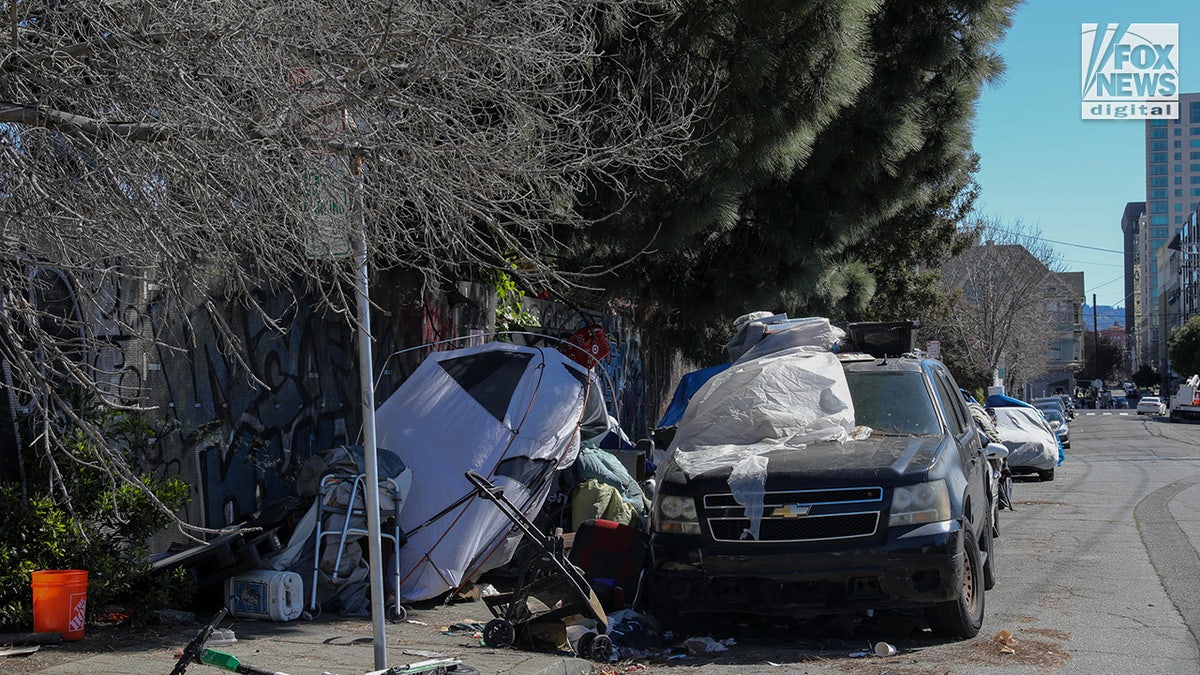 Homeless encampments line the streets of Oakland, California