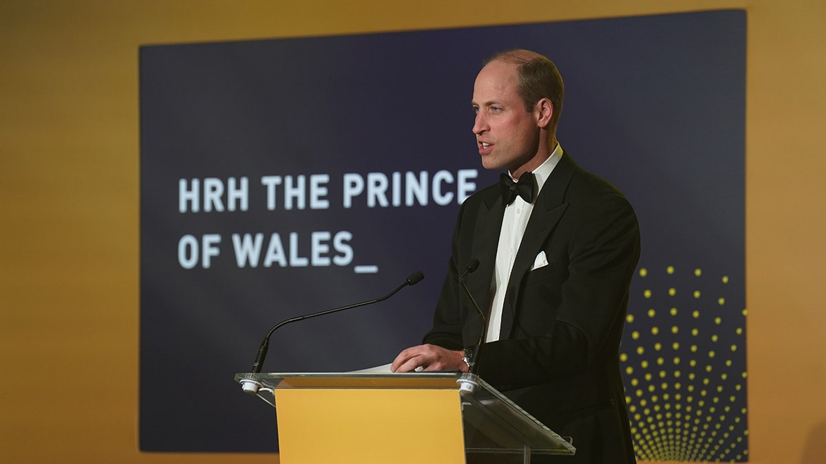 Prince William speaks at a podium
