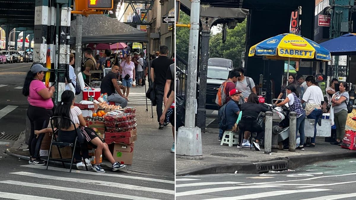A woman selling food on a crosswalk, left, people sitting on a street
