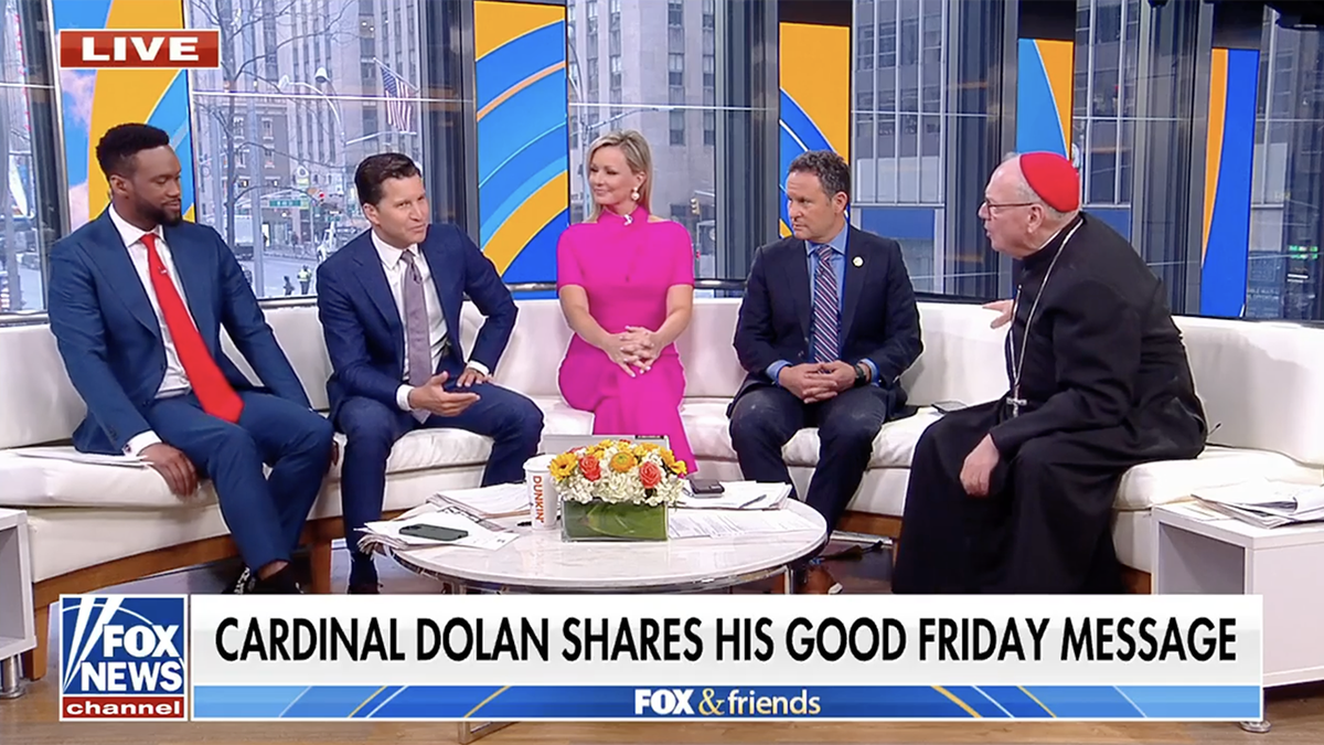 Fox & Friends team on a couch with Cardinal Dolan
