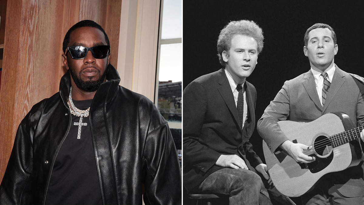 Sean "Diddy" Combs photo split with photo of Simon and Garfunkel on stage