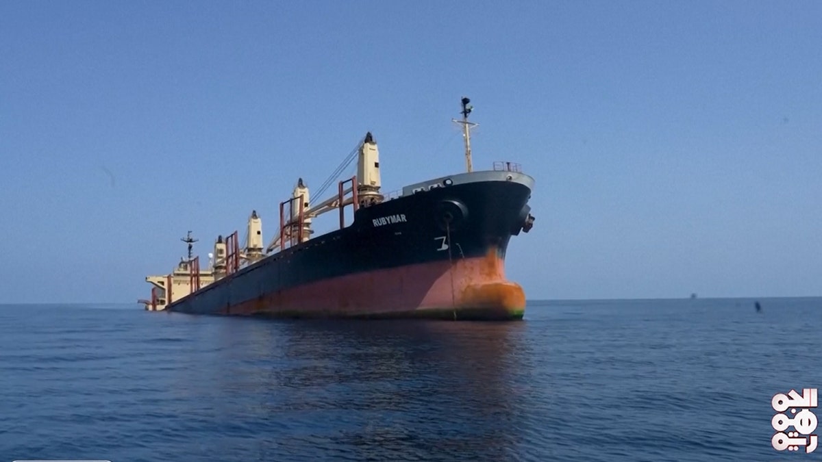 Front view of a cargo ship in the ocean that was struck by Iran-backed Houthi rebels is sinking