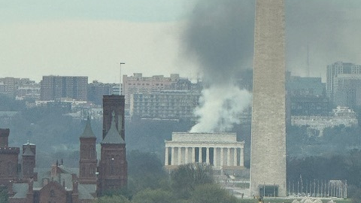 Smoke is seen near the Lincoln Memorial on Washington, DC's National Mall