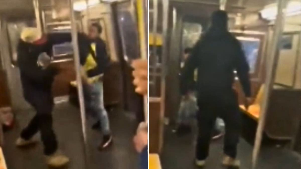 Two men fight on a subway and another picture shows a man with a gun