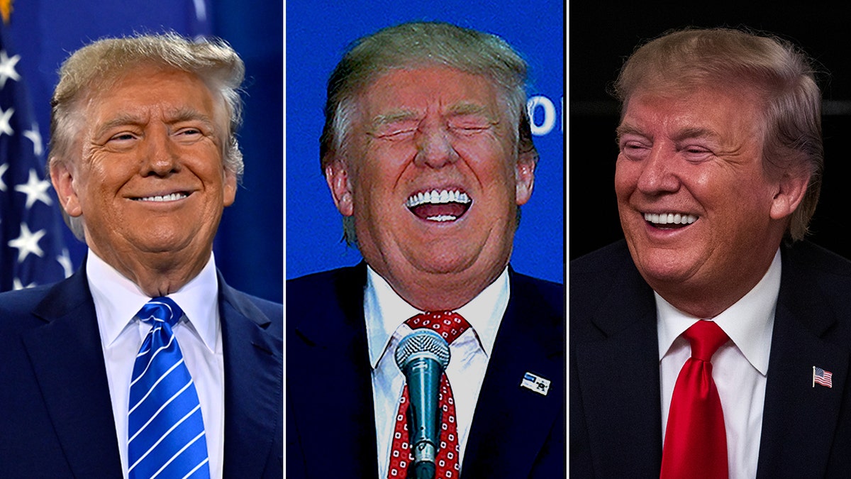 three photos of Trump smiling or laughing