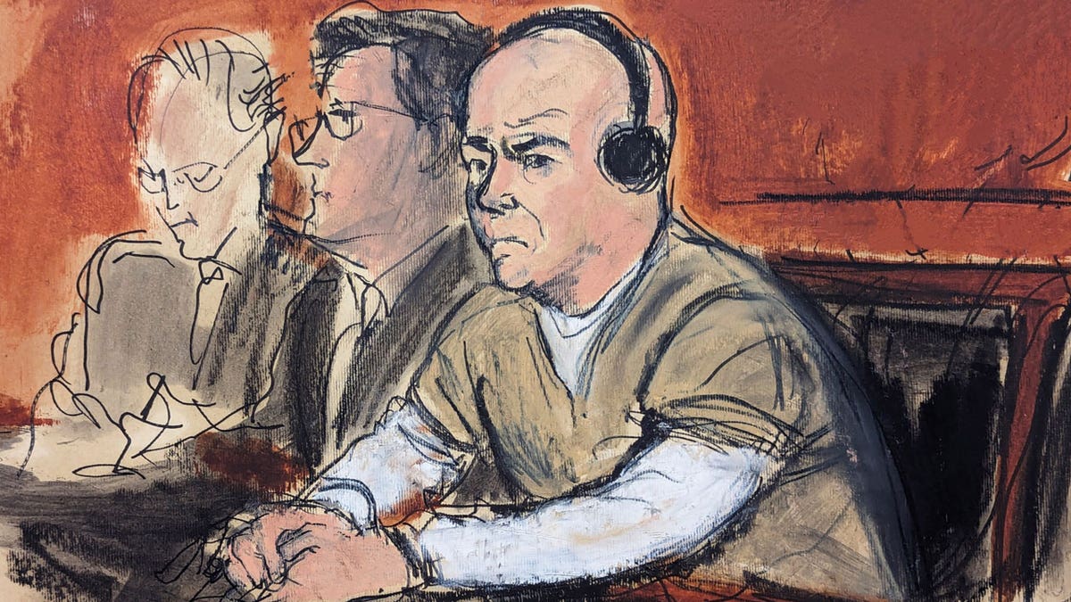 A courtroom sketch of retired three-star Venezuelan army general Cliver Antonio Alcala Cordones