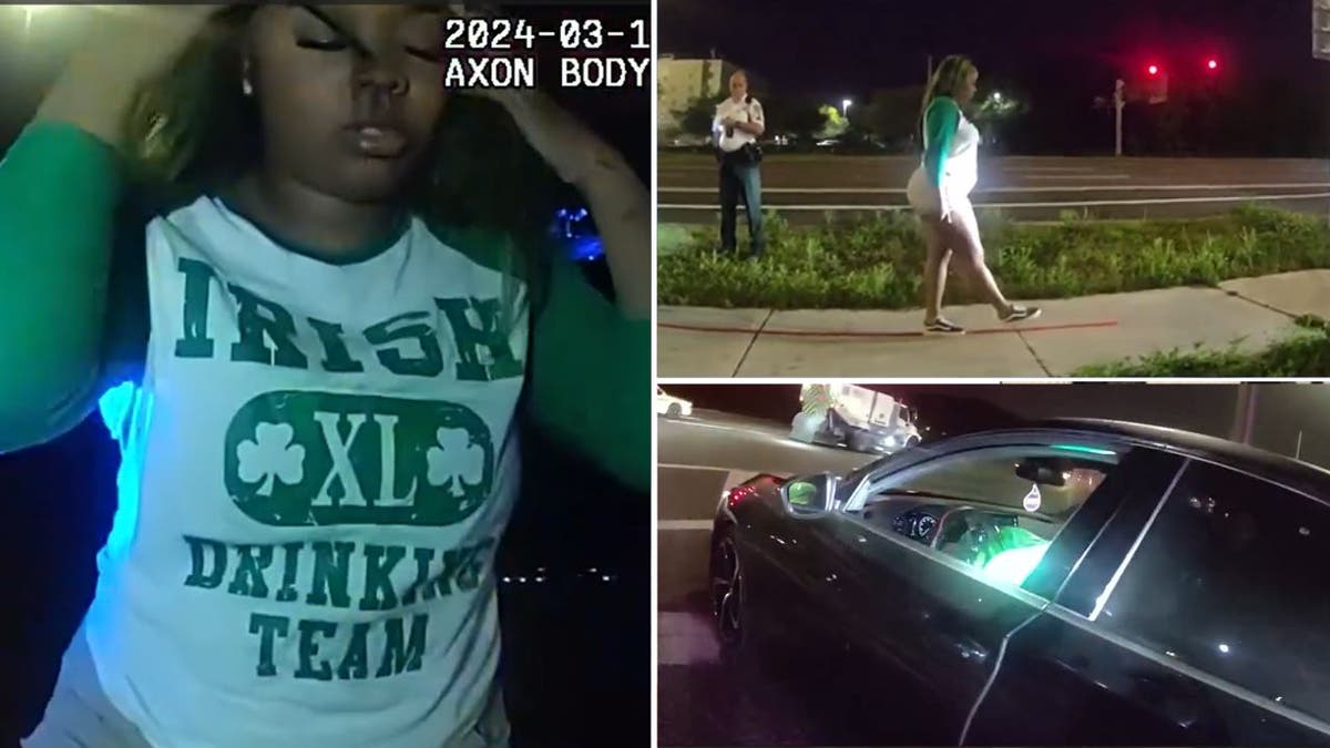 Collage de imágenes de vídeo de una mujer detenida por conducir ebria el Día de San Patricio