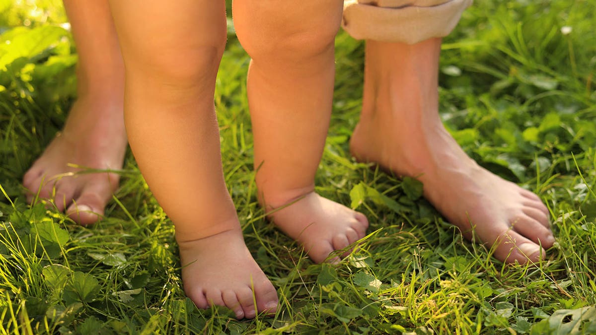 baby walking in spring grass 