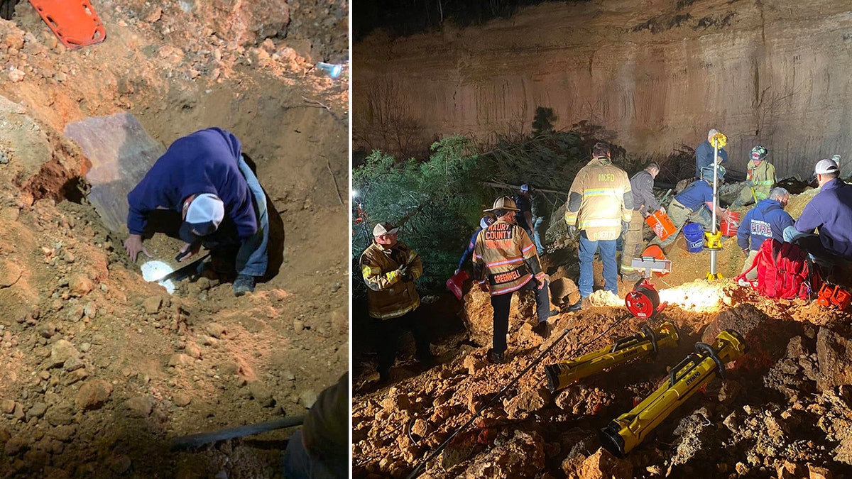 rescuers digging out buried backhoe operator