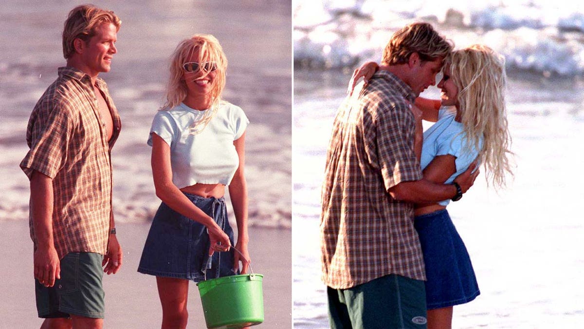 David Chokachi e Pamela Anderson se abraçam na praia para cena de Baywatch