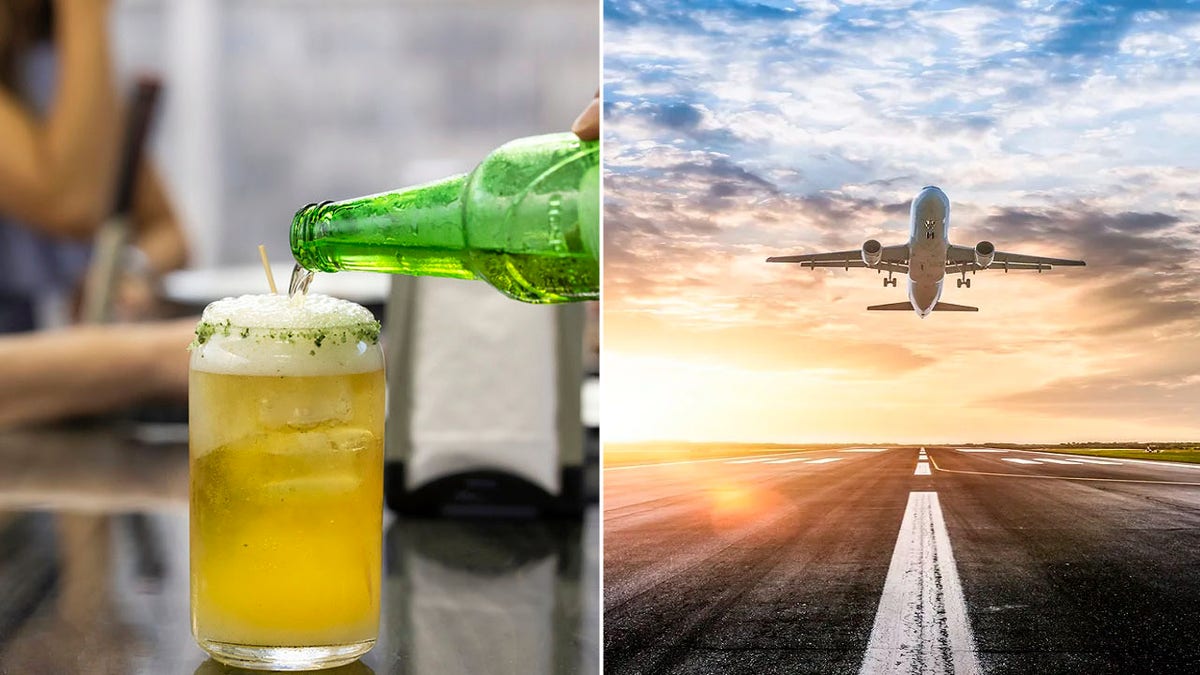beer split with plane taking off