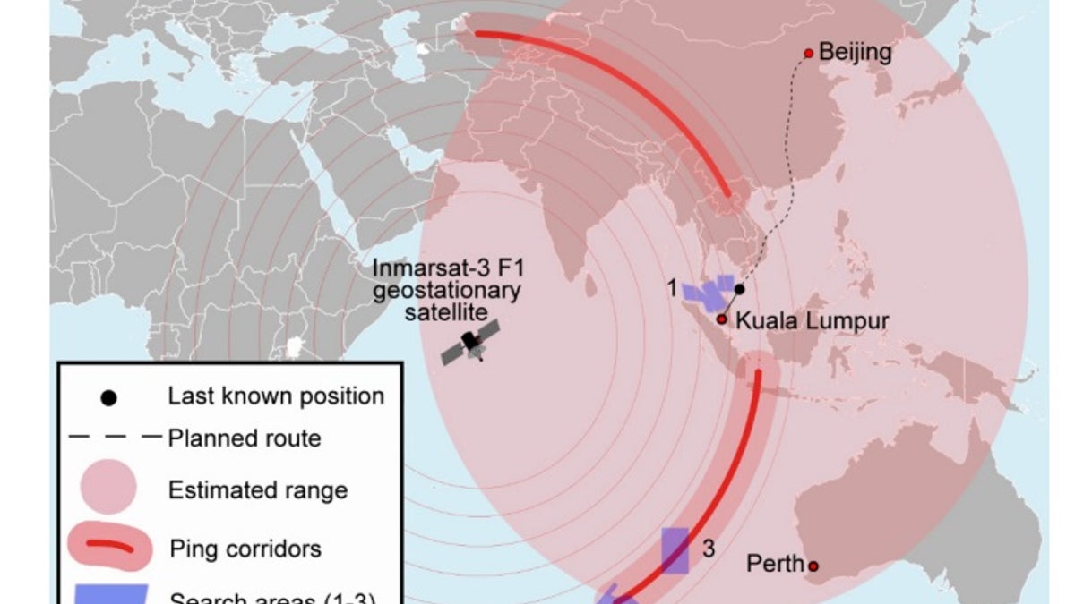 Malaysia Airlines flight 370's search areas, according to Dr. Alan Diehl's book. 