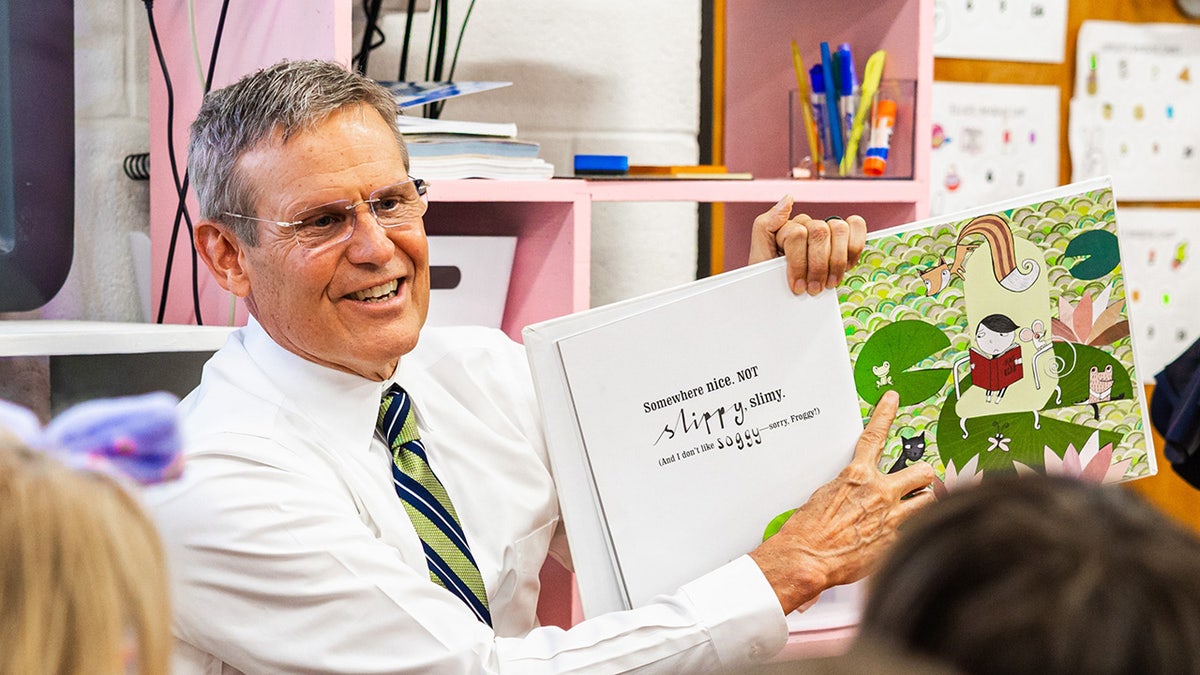 Tennessee Gov. Bill Lee seen reading to schoolchildren during a recent classroom visit. The governor is supporting school choice legislation advancing in the state legislature.
