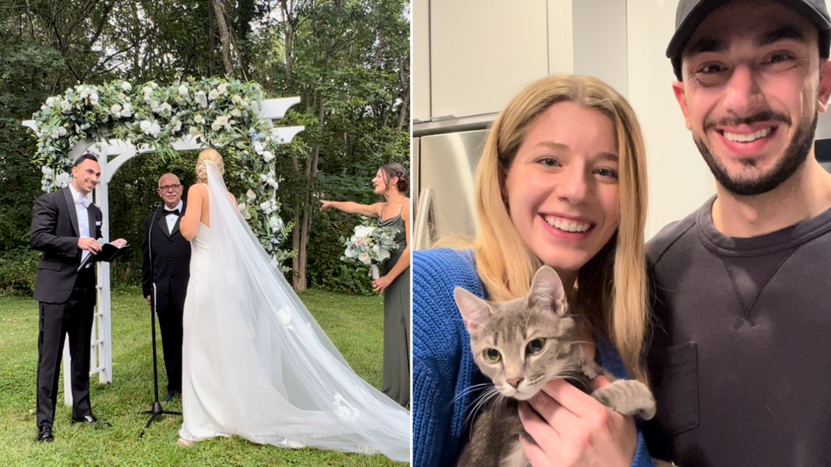 Picture of bride and groom at altar and picture of couple holding Daisy