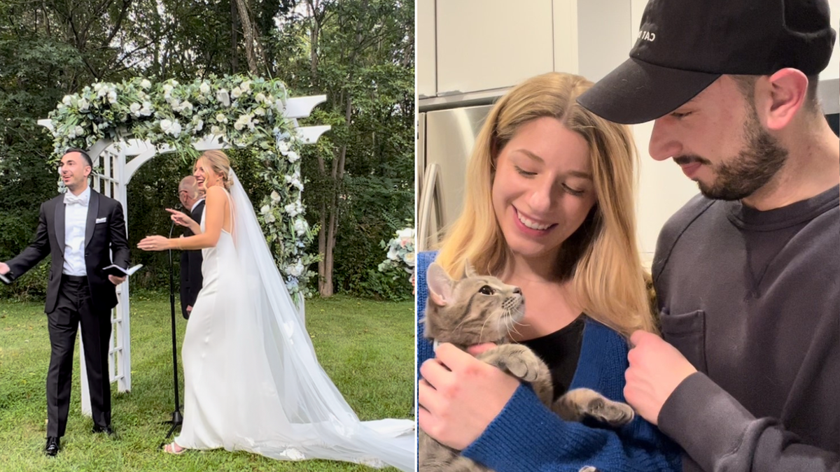 Side by side image of wedding and couple holding cat
