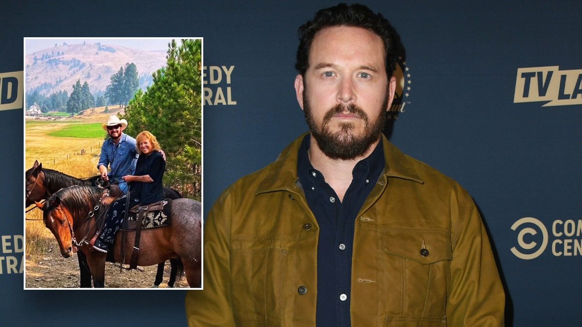 Cole Hause on the red carpet with an inset of him on a horse with his mom.