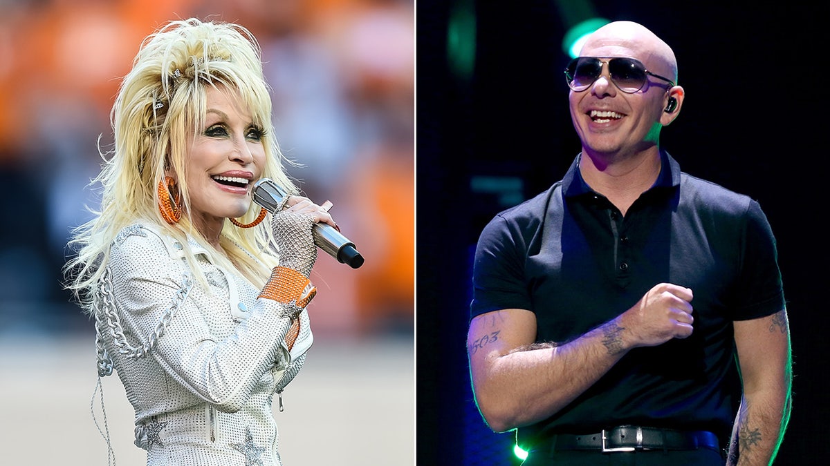 A split image of Dolly Parton and Pitbull