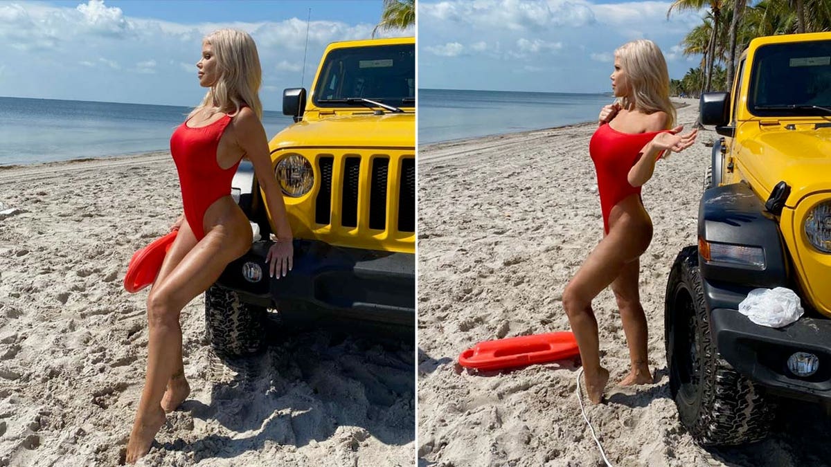 Donna D'Errico poses in red swimsuit for Baywatch photos on the beach