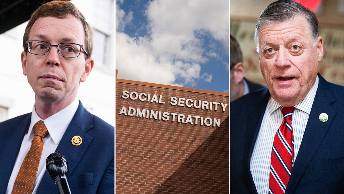 White house Rep. Dusty Johnson, Social Security and Rep. Tom Cole split image
