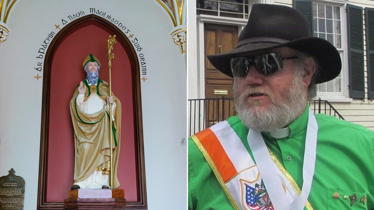 st. patrick statue split with image of Fr. Timothy Harris, T.O.R.