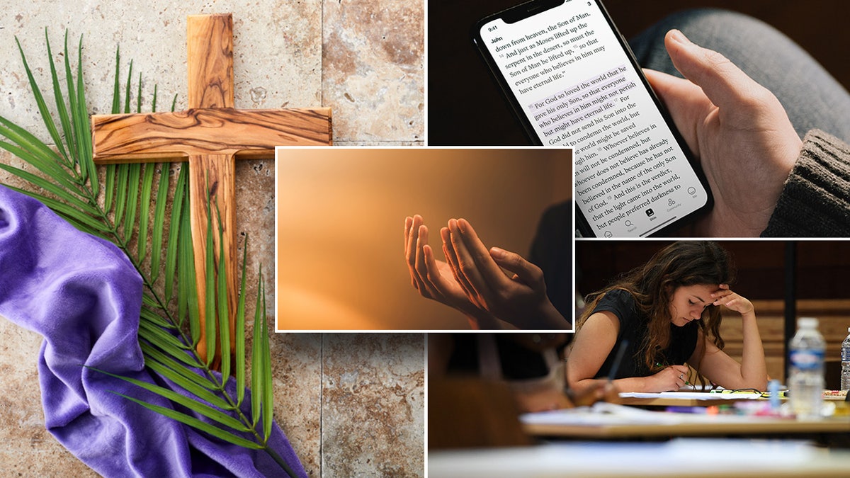 split of lent cross, praying hands, hallow app, and woman studying