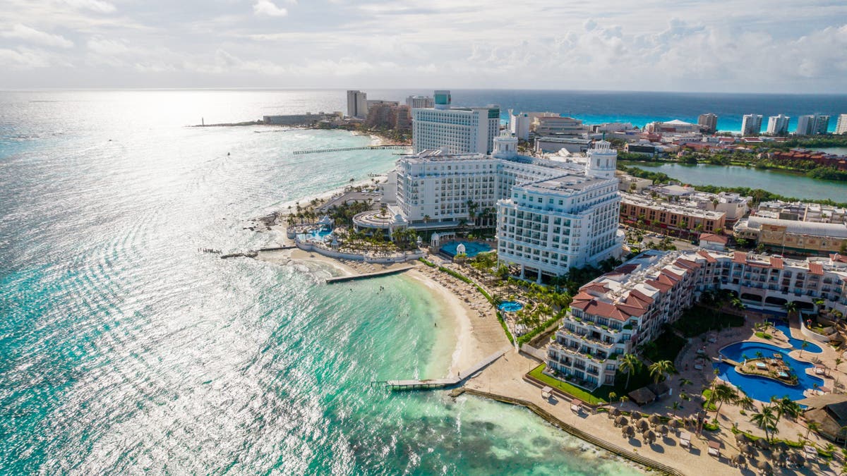 Aerial panoramic view of Cancun city beaches on sunny day