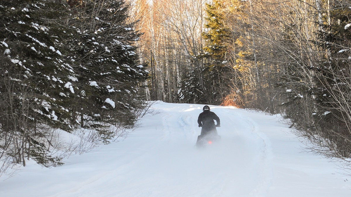 A snowmobiler riding in snow