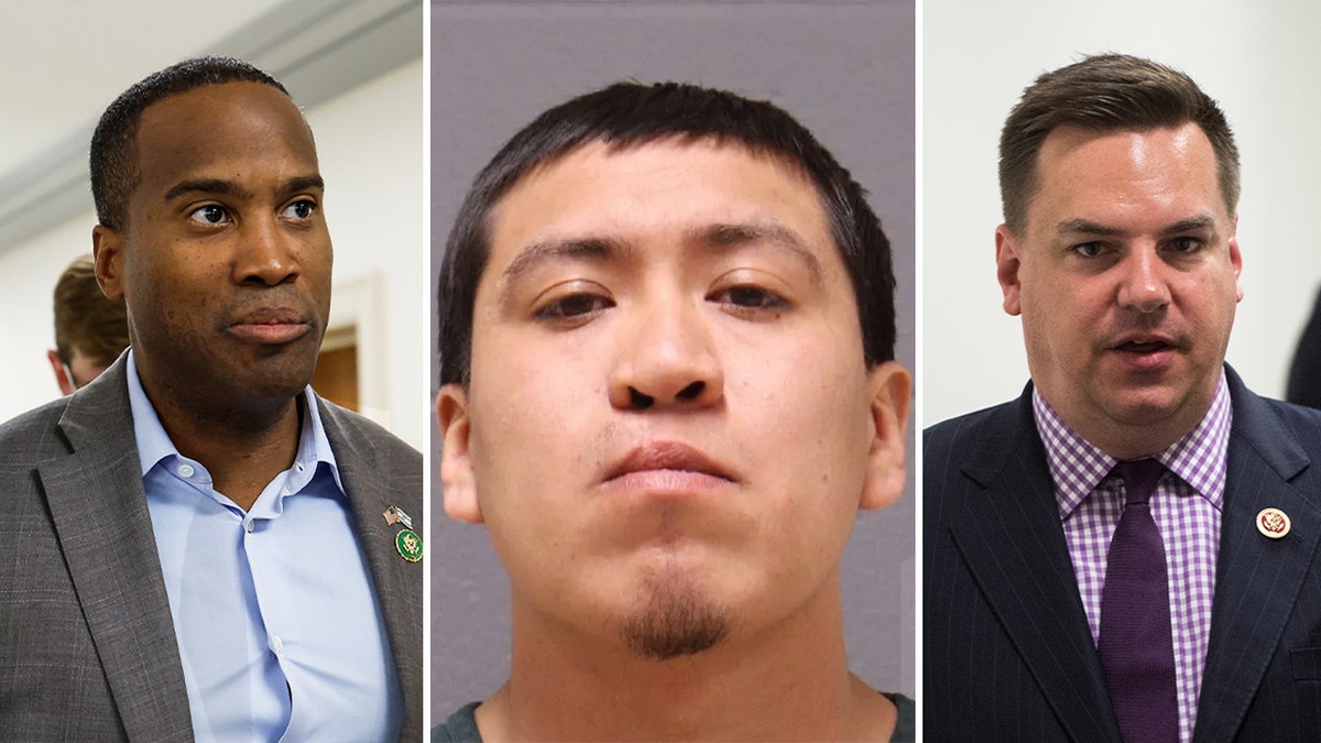 White house House GOP lawmakers John James and Richard Hudson on the left and right, with the center photo being a mugshot of an undocumented migrant accused of killing a Michigan woman.