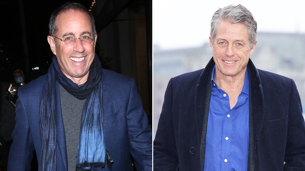 A split image of Jerry Seinfeld and Hugh Grant