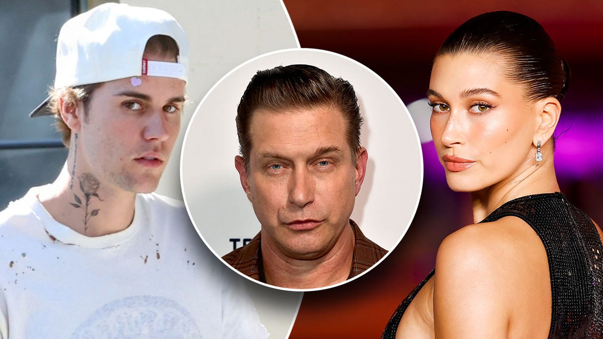 Justin Bieber in a white backwards hat and shirt glares at the camera split Hailey Bieber in black with a slick-back hairstyle looks at the camera inset Stephen Baldwin on the carpet