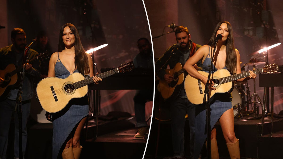 Kacey Musgraves smiles as she wears a jean dress and plays the guitar on "SNL" split Kacey Musgraves sings on "SNL"