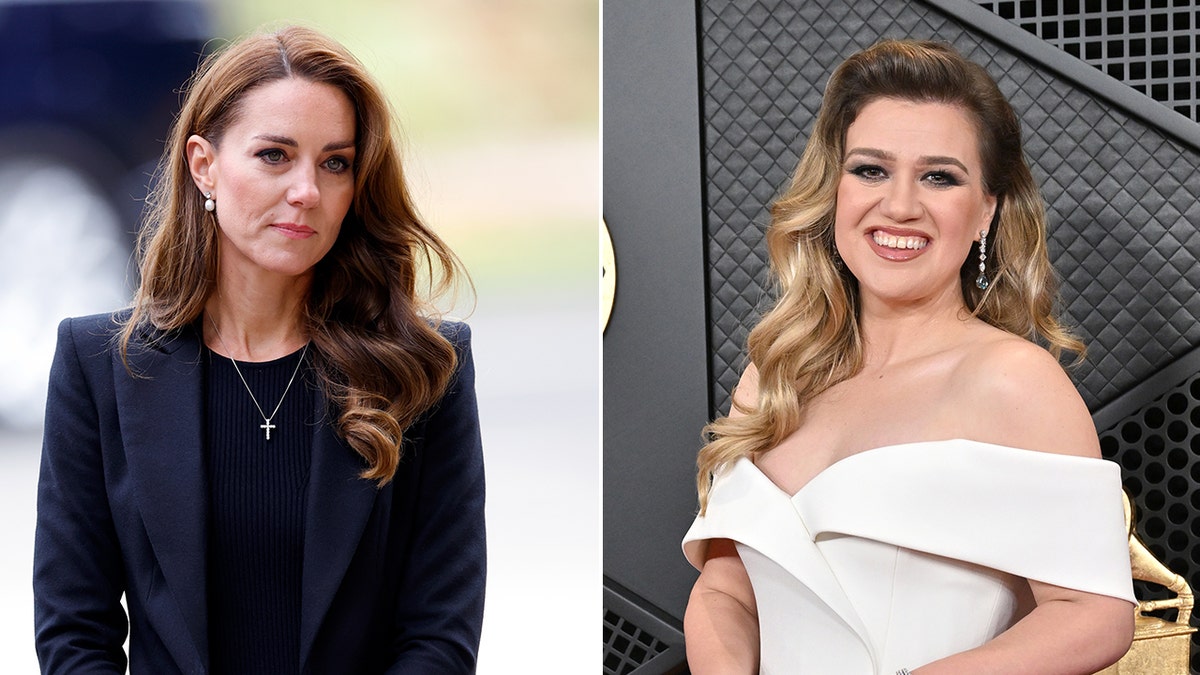 Kate Middleton in a blue blazer looks stoic split Kelly Clarkson in a white off the shoulder gown at Grammys