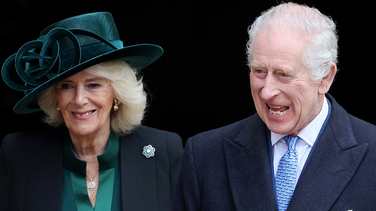 ملکہ کیملا کالی جیکٹ میں اور ایک مماثل سبز ٹاپ ٹوپی کے ساتھ کوئین بلاؤز نرم مسکراہٹوں میں جب وہ ایک سیاہ سوٹ اور نیلی ٹائی میں کنگ چارلس کے ساتھ چل رہی ہے تو وہ بہت پُرجوش لگ رہی ہے