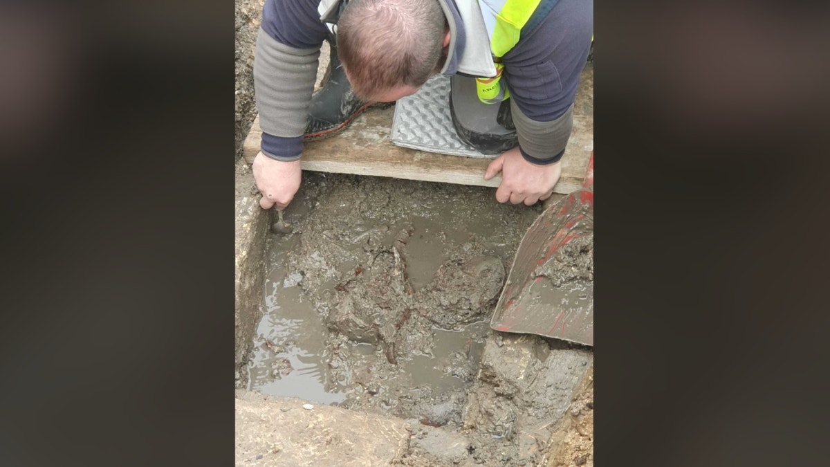 Archaeologist digging in mud in Venice