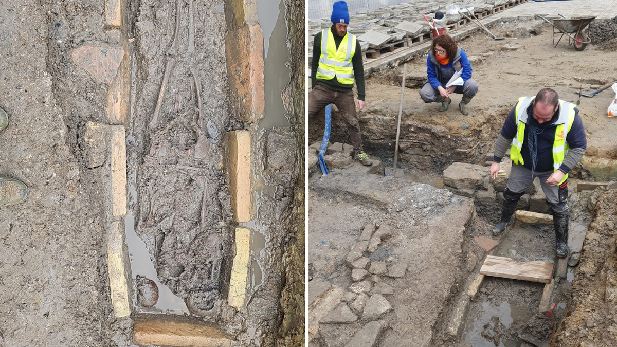 Split image of skeleton and excavation in Venice