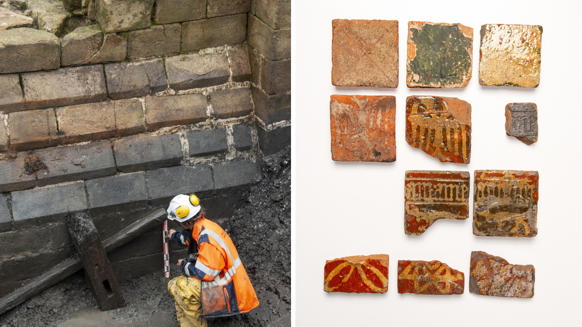 Split image of worker and recovered decorative tiles