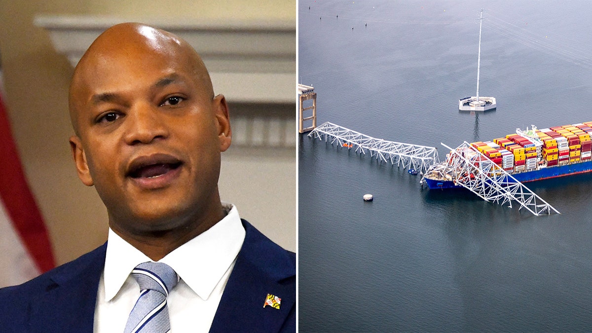 split: Gov. Wes Moore, D-Md., left; Key Bridge at right