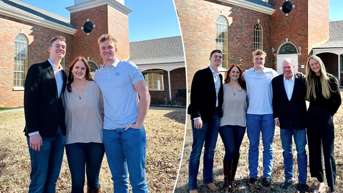 Ree Drummond outside a church has her arms around two tall sons split Ree Drummond and husband with three of her kids