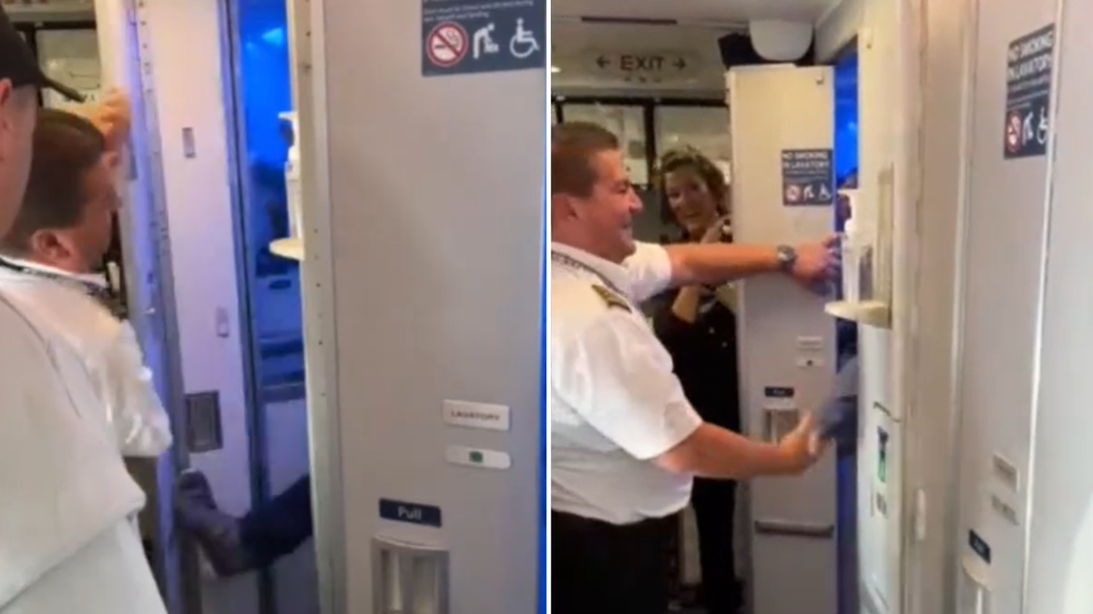 Split image of pilot opening door and shaking Brent's hand