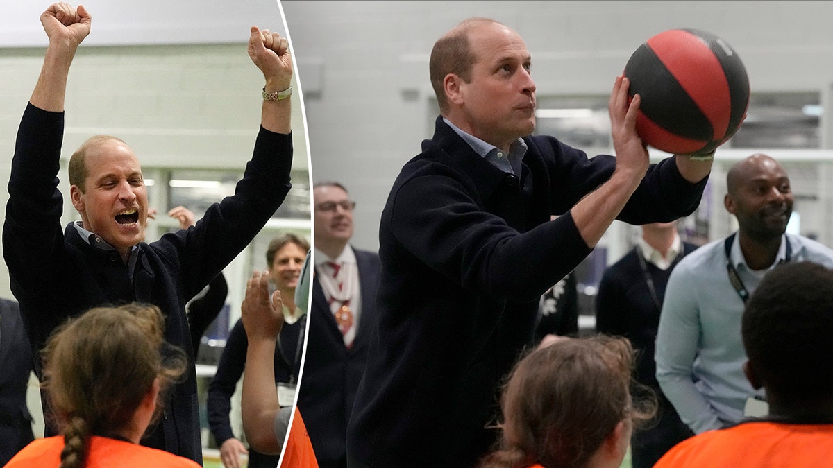 Prince William raises his arms above his head as he meets with children split Prince William shoots a basketball