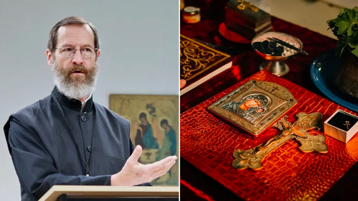 Protodeacon Mitchell split with an altar featuring an icon, orthodox cross, and other items